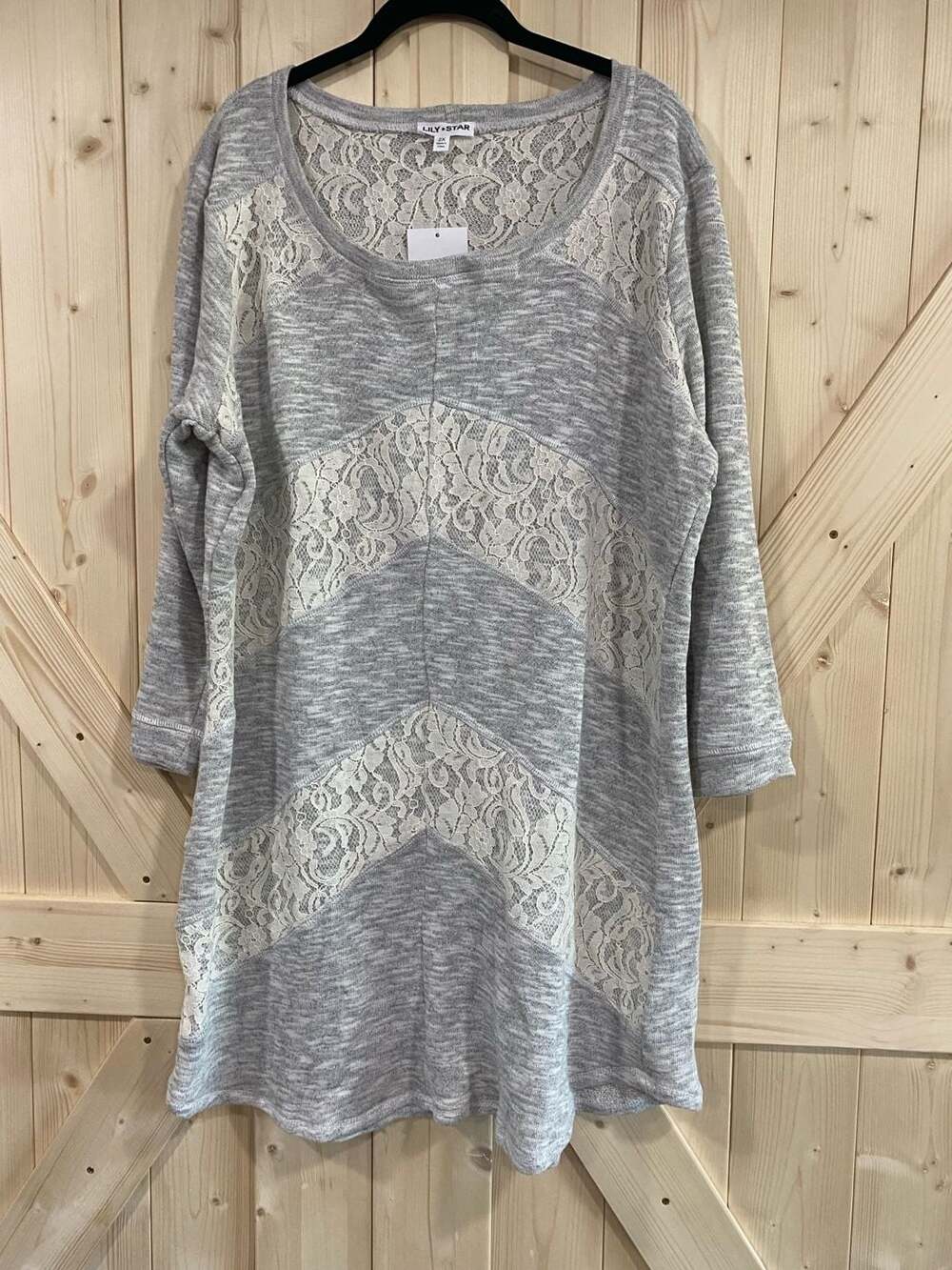 Lily Star Lace Tunic Top Size 2X Gray Heathered 3/4 Sleeve